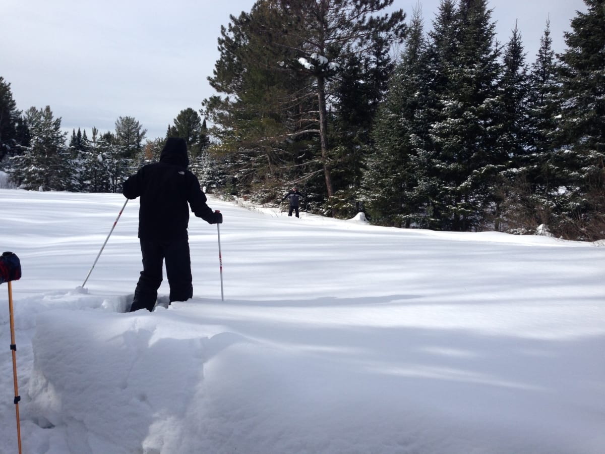 Snowshoeing the nature trail, right behind the barn.